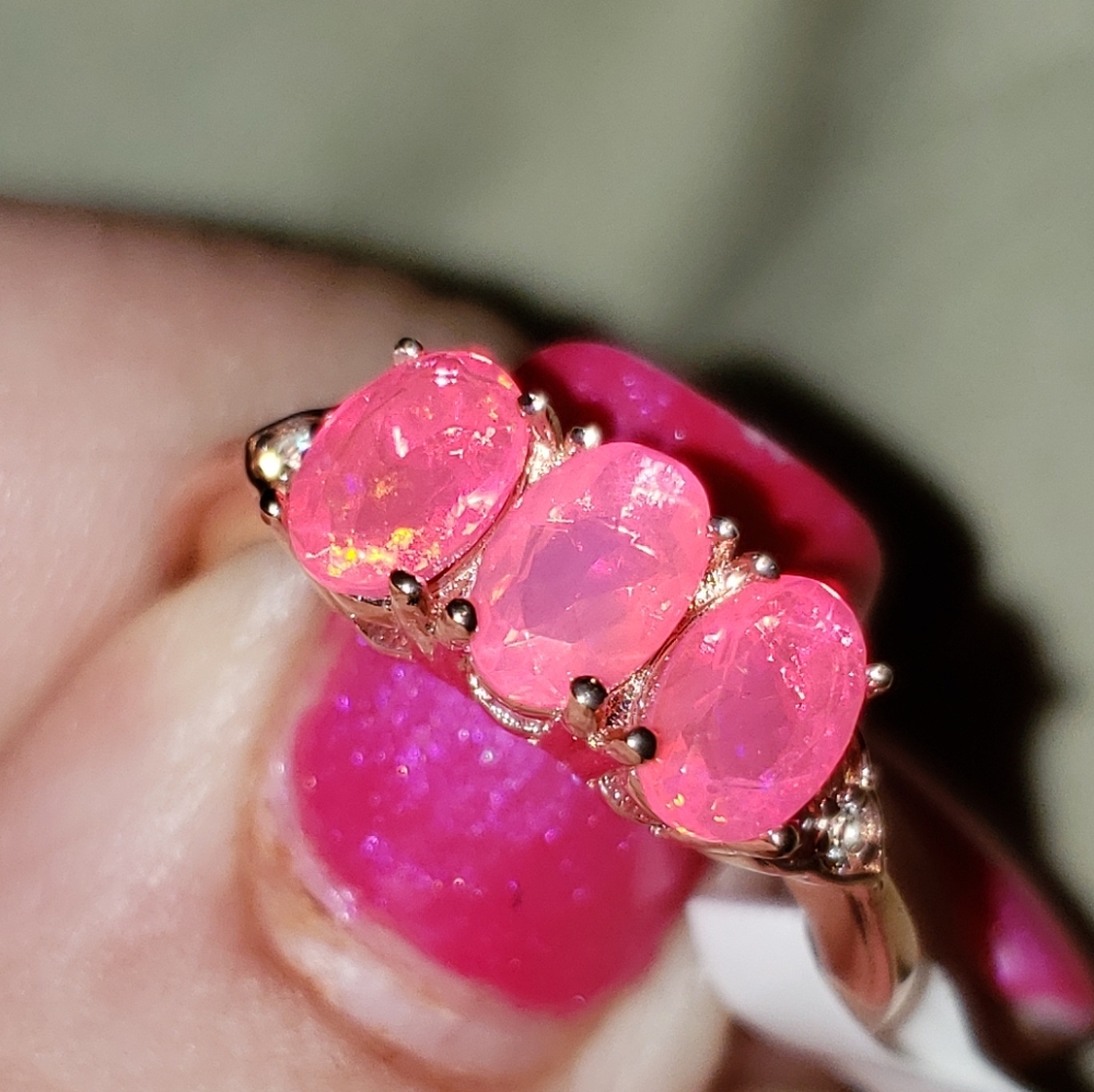 SZ 7 Pink Ethiopian Opal Ring 925 Silver/18K Rose Gold Overlay, NWT